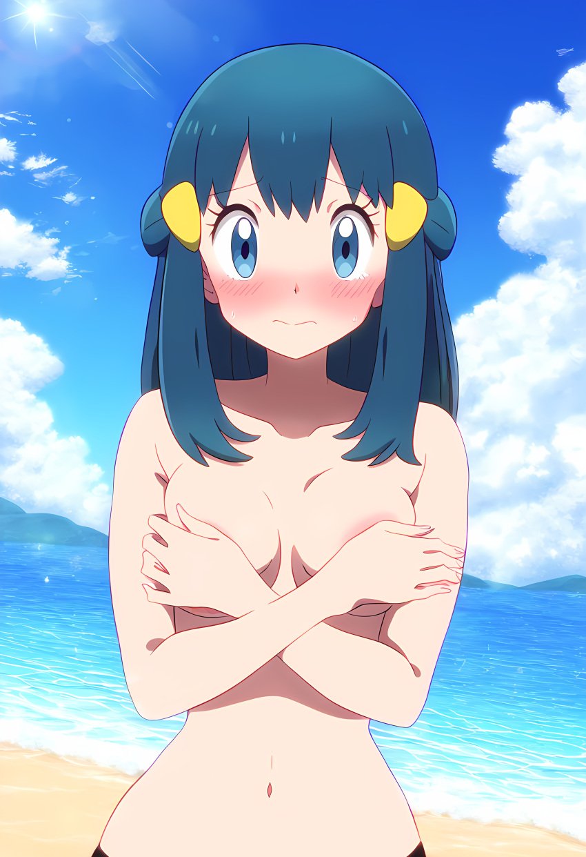 ai_generated beach bikini bikini_bottom black_bikini blue_eyes blue_hair blue_sky blush breasts closed_mouth cloud covering covering_breasts dawn_(pokemon) day embarrassed female hair_ornament horizon long_hair looking_at_viewer medium_breasts navel ocean outdoors pokemon sand sky small_breasts solo standing swimsuit topless water wavy_mouth