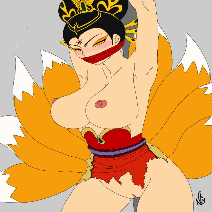 1girls asian_mythology big_breasts black_hair blush chinese_mythology da_ji_(smite) female gagged goddess hi-rez_studios light-skinned_female light_skin mythology ninjaghosttm pussy restrained smite solo