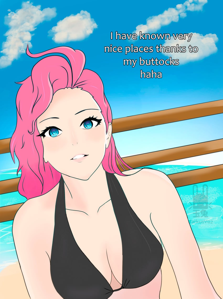 beach black_bikini blue_eyes darkusv02 league_of_legends long_hair pink_hair selfie seraphine_(league_of_legends) smile