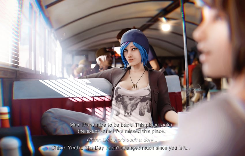 2girls 3d beanie blonde_hair blue_eyes chloe_price clothed dialogue diner dinoboy555 english_text female female_focus life_is_strange looking_at_another max_caulfield necklace public yuri