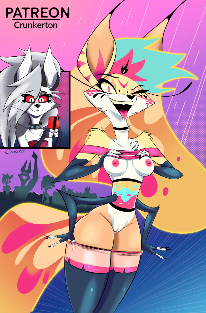 2girls 4_arms anthro canid canid_demon canid_humanoid canine canine_humanoid canis crunkerton exposed_breasts exposed_pussy hellhound helluva_boss humanoid loona_(helluva_boss) multiple_girls no_bra no_panties queen_bee-lzebub_(helluva_boss) thick_thighs