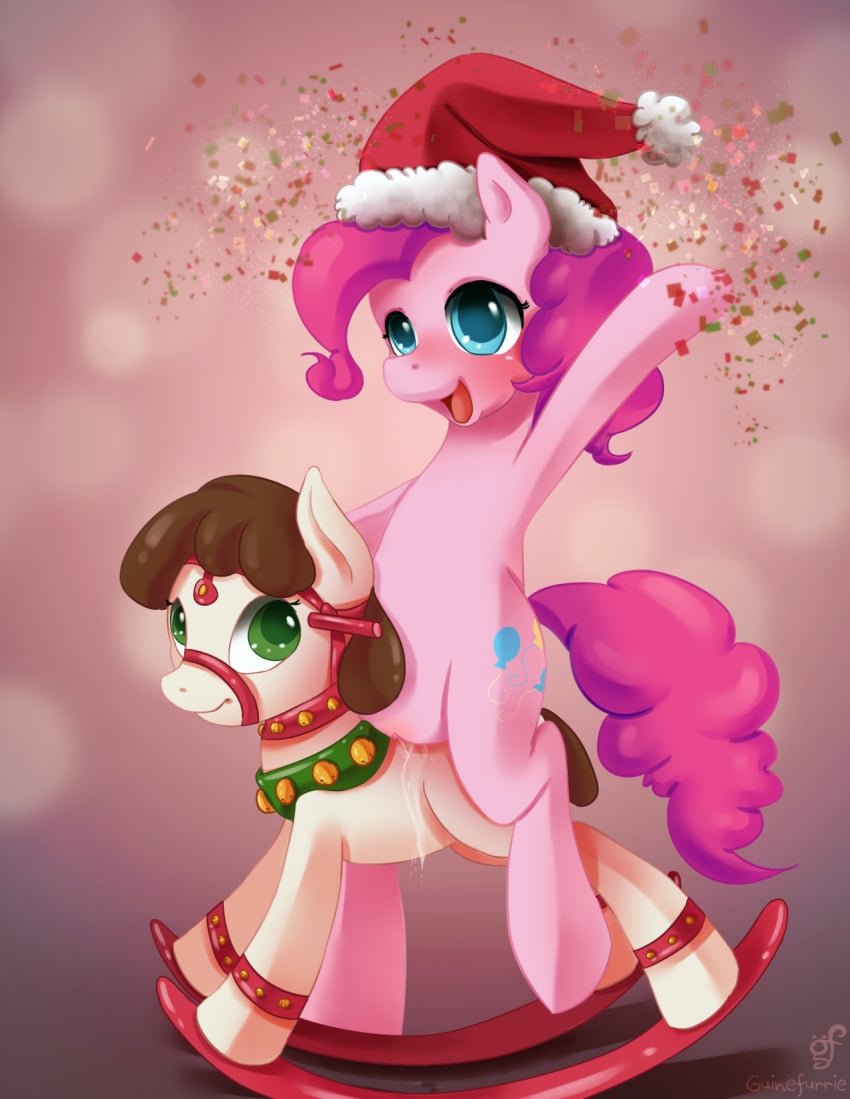 2014 blue_eyes blush bondage christmas clitoris cutie_mark equine female feral friendship_is_magic guinefurrie hair hat holidays horse mammal my_little_pony open_mouth pink_hair pinkie_pie_(mlp) pom_hat pony pussy pussy_juice rocking_horse santa_hat solo