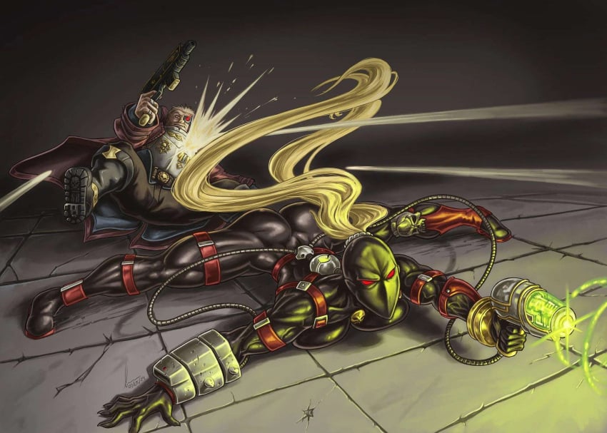 1boy 1girls callidus_assassin combat female imperium_of_man latex latex_suit officio_assassinorum shooting tagme_(artist) warhammer_(franchise) warhammer_40k