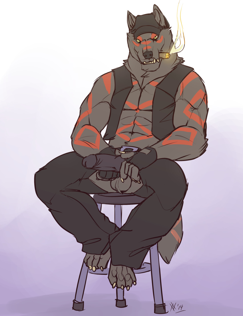 1boy 2014 abs anthro bear biker black_penis canine cigar claws clothed clothing fur furry hybrid knot male male_only mammal penis rrowdybeast smoke smoking solo text watermark wolf