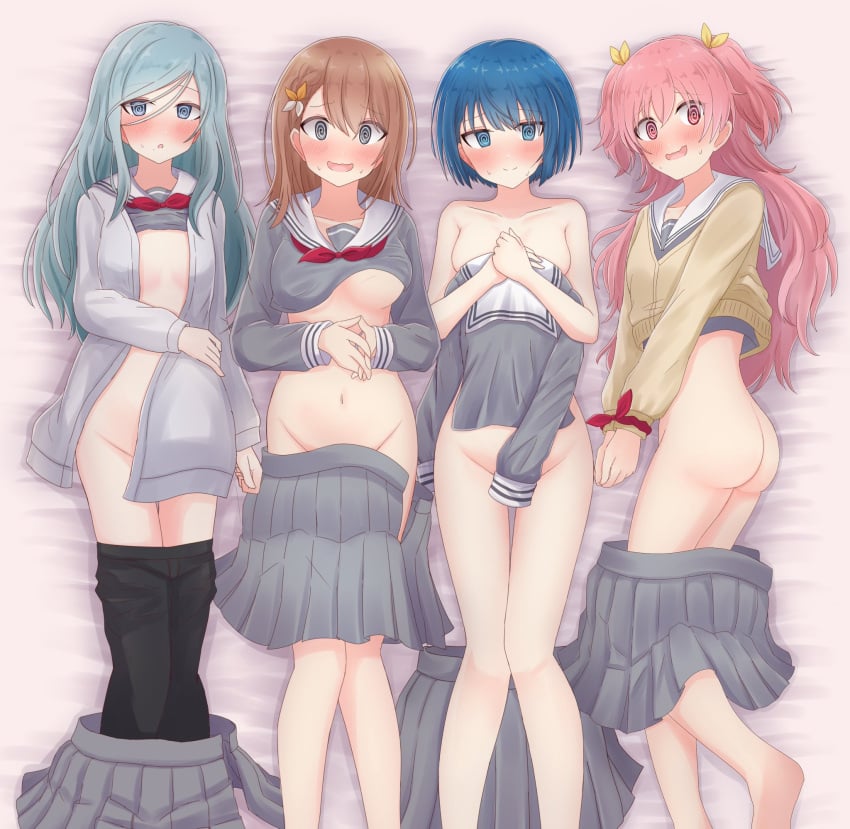 4girls ass bed before_sex blue_eyes blue_hair blush brown_eyes brown_hair chiaki_himanagi hanasato_minori hiding_breasts hiding_pussy hinomori_shizuku kiritani_haruka leggings miyamasuzaka_girls'_academy_school_uniform momoi_airi more_more_jump!_(project_sekai) pink_eyes pink_hair project_sekai school_uniform skirt_pull smile sweat tied_hands