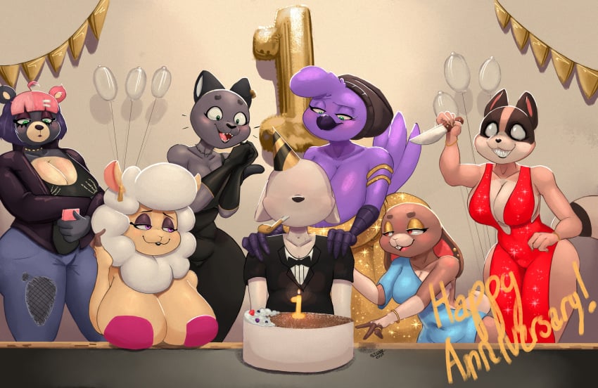 avian ballons bear beat_banger bird bunny bunny_ears cake canine cathy_smith celebration dawna_mabel dress dyed_hair elaine_claire gale_shinpen jasmine_(beat_banger) kemono panther red_panda sfw sheep stonydraws tagme zoe_monroe