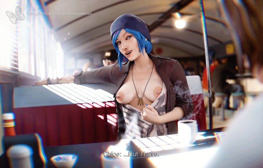 2girls 3d beanie blonde_hair blue_eyes breasts breasts_out chloe_price clothed dialogue diner dinoboy555 english_text female female_focus flashing flashing_breasts life_is_strange looking_at_another max_caulfield necklace pierced_nipples public public_exposure public_nudity shirt_down teasing yuri