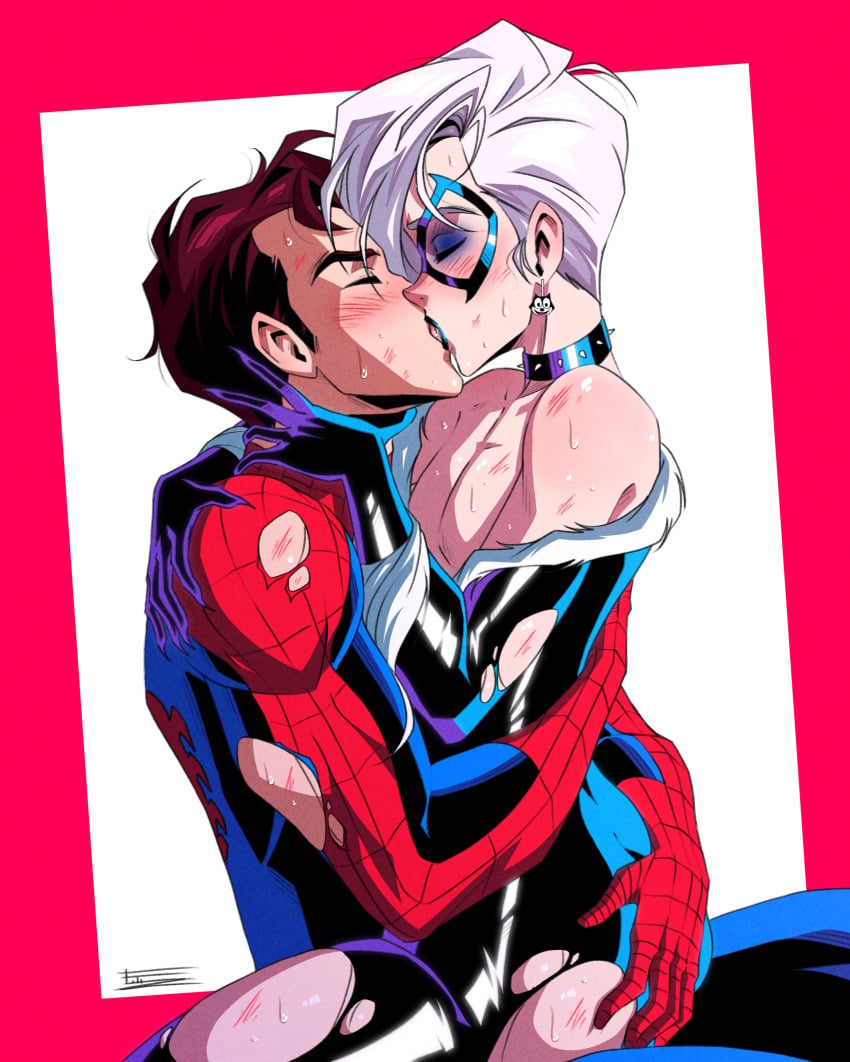 2boys black_cat_(marvel) brown_hair felix_hardy femboy feminine_male fitiddies gay genderswap kiss kissing making_out male male_on_femboy male_only marvel marvel_comics peter_parker rule_63 spider-man_(series) torn_clothes torn_clothing white_hair yaoi