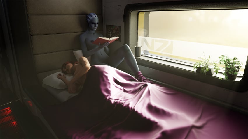 3d 3d_(artwork) akidia alien_girl femshep liara_t'soni mass_effect naked_female reading red_hair sleeping tagme yuri