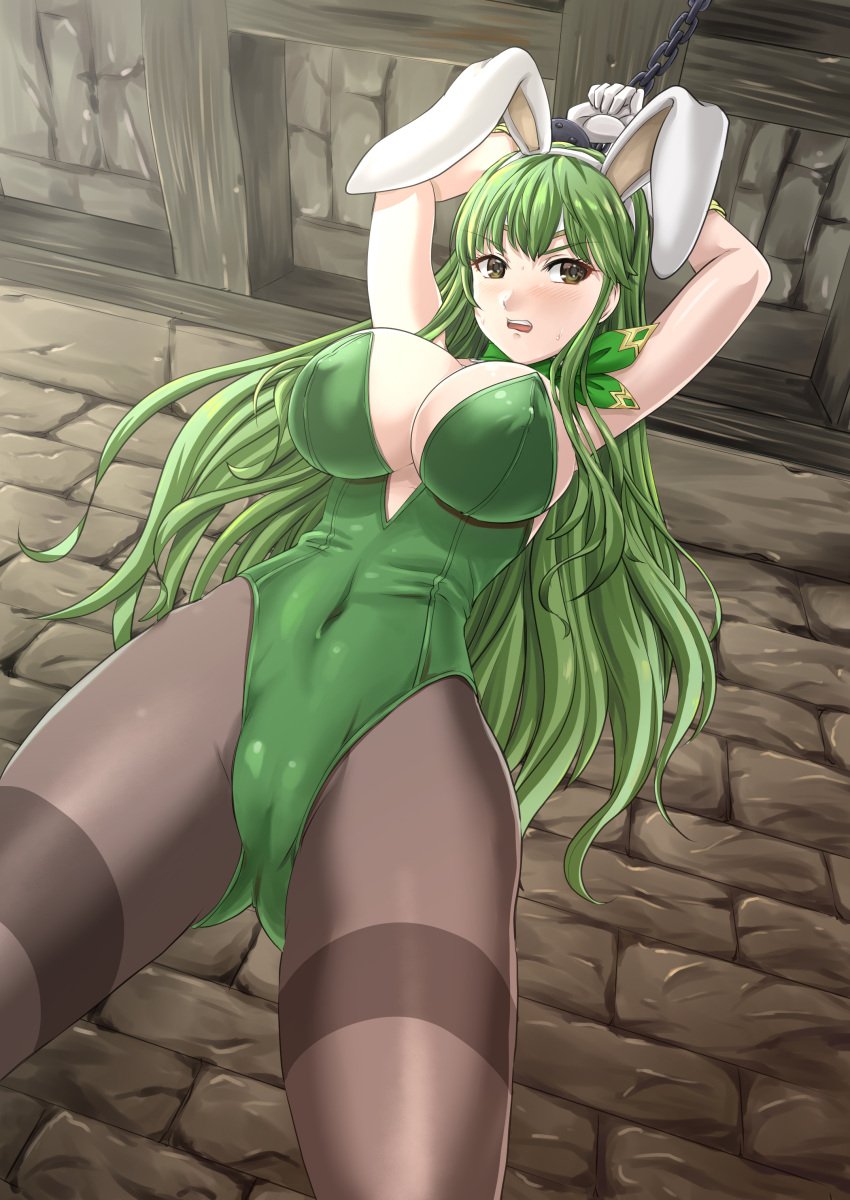 1girls alternate_costume angry armpits arms_up ass_visible_through_thighs bare_arms bondage bound bound_wrists breasts bunny_ears bunny_girl bunnysuit cleavage female femsub fire_emblem fire_emblem:_mystery_of_the_emblem fire_emblem:_shadow_dragon_and_the_blade_of_light from_below gloves green_eyes green_hair indoors large_breasts leotard nao_takami nintendo oral palla_(fire_emblem) pantyhose partially_visible_vulva restrained scarf sideboob sweat thighs very_long_hair