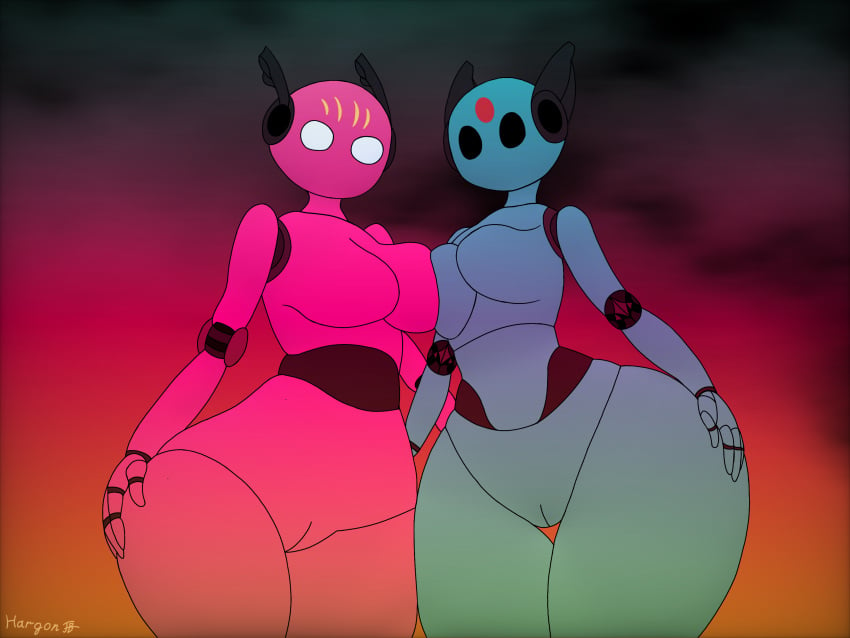 2023 2024 2girls 4:3 ambiguous_gender big_breasts biped black_eyes blue_body breasts digital_media_(artwork) duo facial_markings female five_pebbles_(rain_world) genderbend genderswap_(mtf) genitals head_markings hi_res humanoid iterator_(rain_world) looking_at_viewer looks_to_the_moon_(rain_world) machine markings mouthless multiple_girls nexthargon not_furry pink_body rain_world robot robot_humanoid rule_63 videocult white_eyes