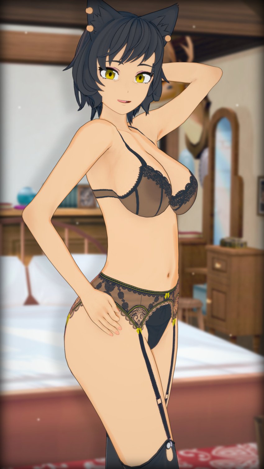 black_bra black_hair black_panties breasts cat_ears catgirl faunus kali_belladonna koikatsu lingerie milf nyxxzeiss rwby see-through_bra yellow_eyes