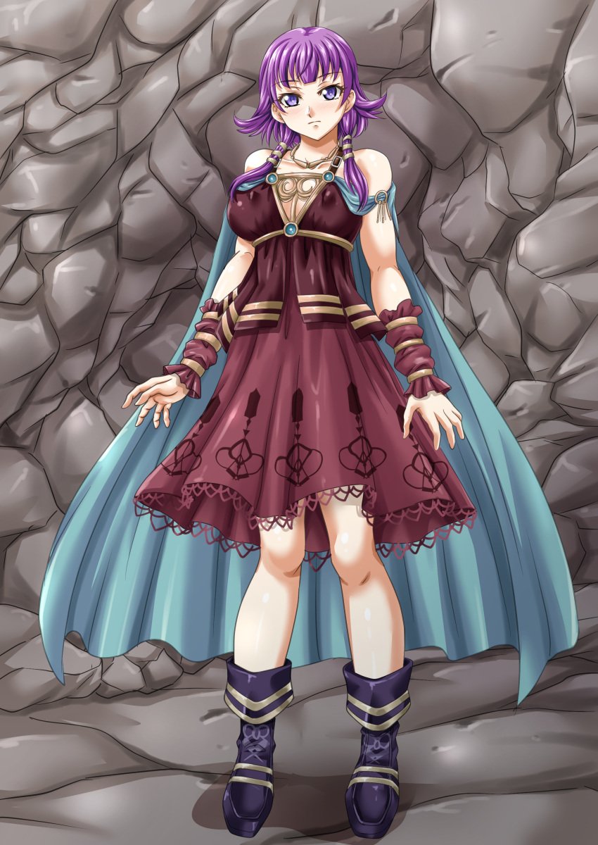 1girls bangs bare_arms bare_legs bare_shoulders boots breasts cave collarbone covered_nipples dress expressionless female female_only fire_emblem fire_emblem:_the_sacred_stones full_body large_breasts legs looking_at_viewer lute_(fire_emblem) nao_takami nintendo purple_eyes purple_hair shoulders sidelocks solo standing