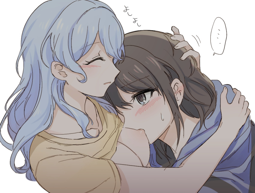 ... 2girls ^_^ aoiro_050 baby_blue_hair bang_dream! black_hair black_hoodie blue_hair blue_hoodie blush breast_sucking breasts brown_hair cleavage closed_eyes clothes_lift collarbone cuddling ear eyes_closed hand_on_another's_back hand_on_another's_head hood hood_down hoodie hugging hugging_head light_blue_hair long_hair matsubara_kanon medium_breasts medium_hair multiple_girls nipples okusawa_misaki parted_lips shirt shirt_lift simple_background spoken_ellipsis translation_request two-tone_hoodie upper_body white_background yellow_shirt yuri