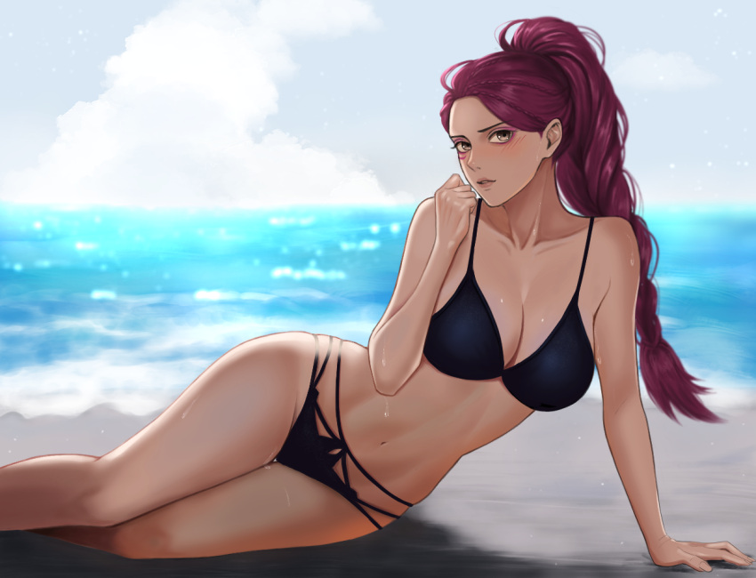 1girls alternate_costume beach bikini black_bikini black_swimsuit breasts cleavage cloud commission female female_only fire_emblem fire_emblem:_three_houses large_breasts looking_at_viewer lying nintendo on_side petra_macneary ponytail skeb_commission solo swimsuit teenage_girl teenager tori_art07 water