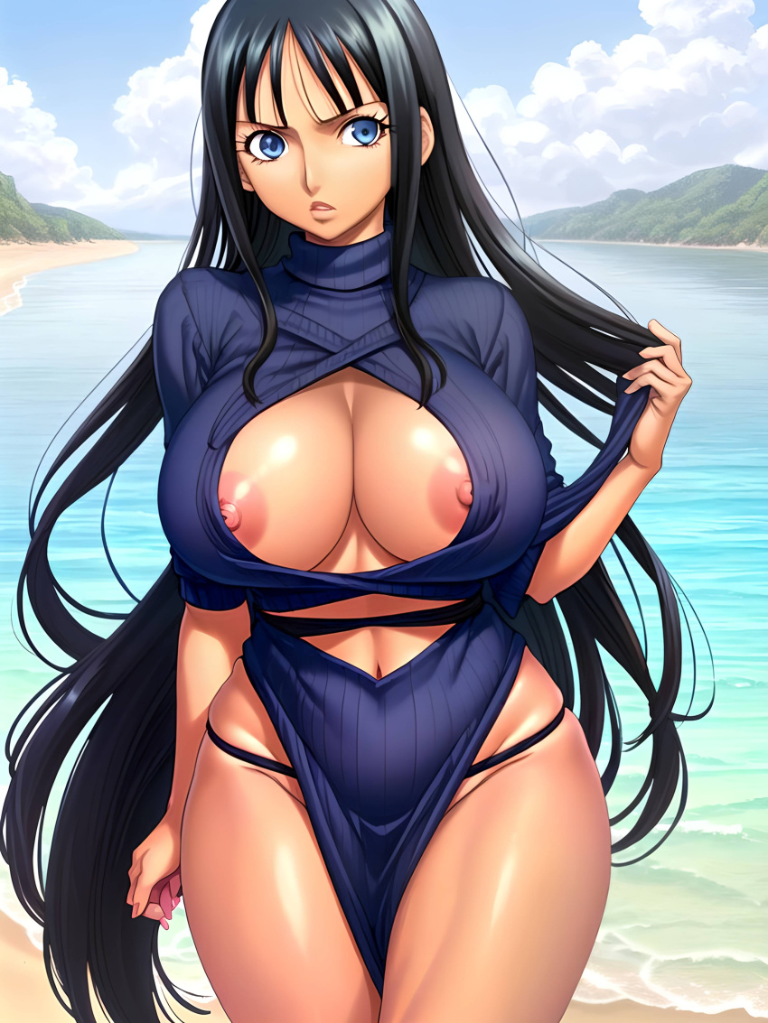 ai_generated bangs beach_background big_breasts blue_eyes cleavage crop_sweater dark_hair female female_only large_hips long_hair nico_robin one_piece sweater tanned tanned_female tanned_skin teasing_nipples turtleneck turtleneck_dress turtleneck_sweater zarazin