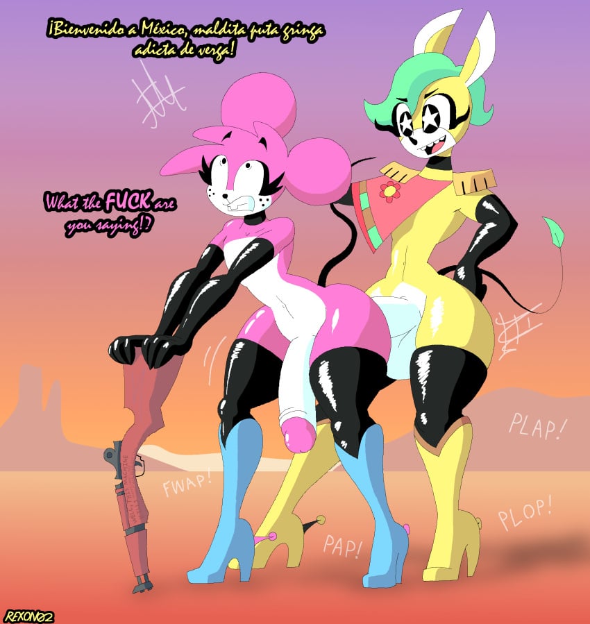 2boys anal_sex anthro anthro_on_anthro anthro_only artist_name artist_signature artist_upload big_penis bonbon_el_burro bubbles_(rexon02) cowboy_boots cowgirl_boots desert dialog dialogue donkey donkey_boy english_dialogue english_text femboy femboy_on_femboy femboy_only furry furry_only gay gay_sex girly girly_boy gun high_heel_boots high_heels huge_cock language_barrier latex_gloves latex_thighhighs m1_garand male male_anthro male_only mexico mouse mouse_boy mouse_ears multiple_languages original penis rexon02 self_upload sex spanish_dialogue spanish_text text thick_thighs yaoi