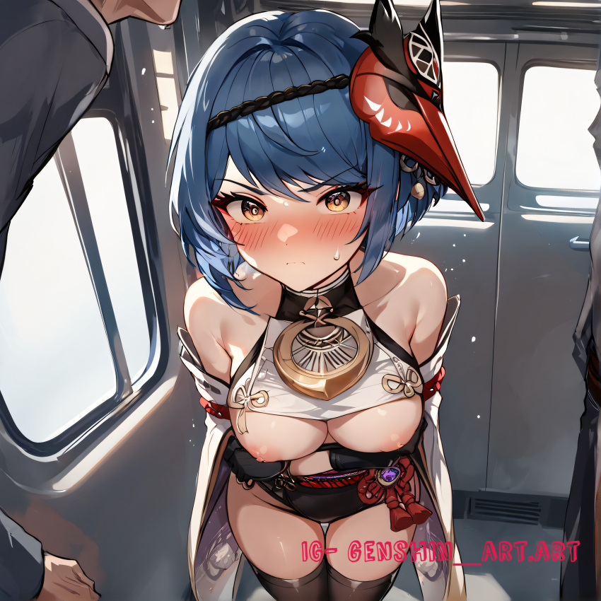 1girls ai_generated breasts female genshin_impact half_naked kujou_sara nipples solo_focus tagme train