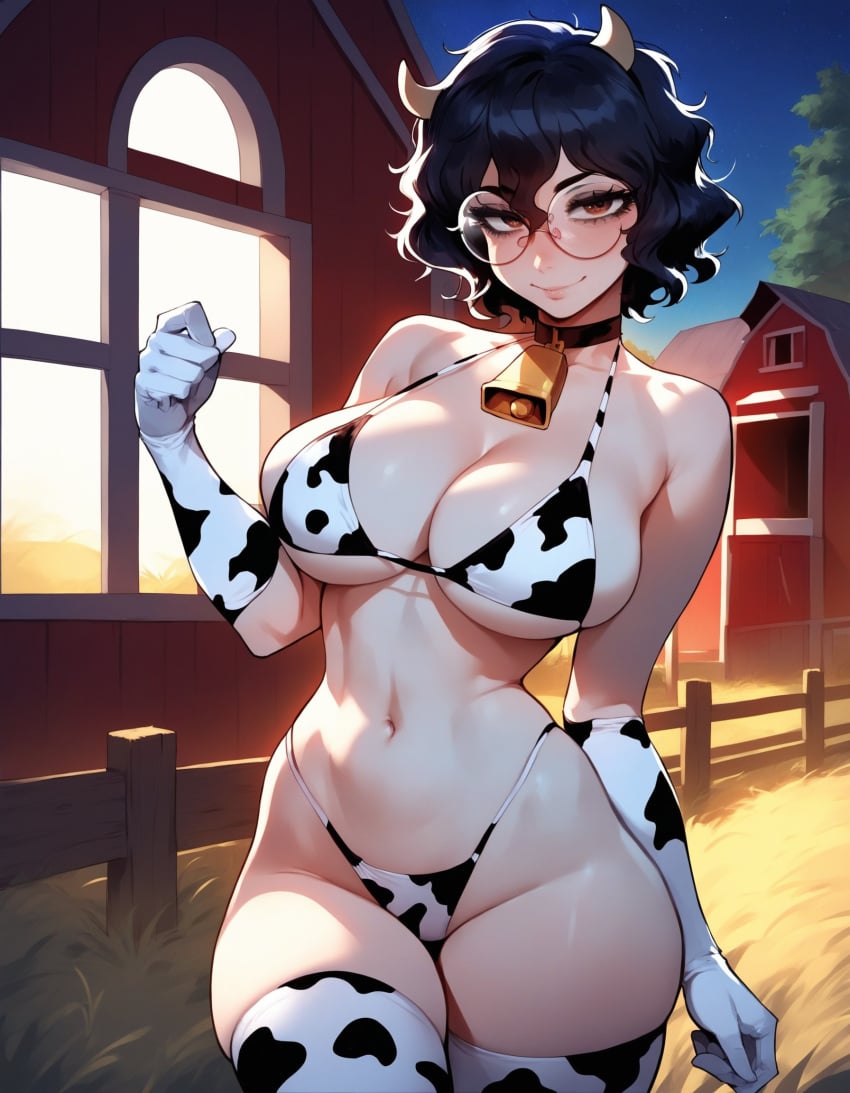 1girls ai_generated artstyle_imitation ass big_breasts bikini black_hair breasts brown_eyes choker cow_bikini cow_girl cow_gloves cow_horns cow_print cow_print_bikini cow_print_thighhighs eyelashes eyeshadow farm glasses goth goth_girl gothic messy messy_hair naughty naughty_face nerd night night_sky olie pale-skinned_female round_glasses seductive seductive_look short_hair smile stockings thiccwithaq_(ai_style) thick_ass thick_legs thick_lips thick_thighs thighs wavy_hair xandr