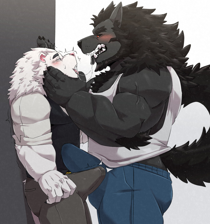 absurd_res anthro big_bulge black_body black_fur blush bodily_fluids bulge canid canine canis clothing duo erection erection_under_clothing eyebrows fangs felid fur hanabey hi_res jumperbear lion male male/male mammal mane muscular muscular_anthro muscular_male pantherine red_eyes saliva saliva_string size_difference teeth tongue tongue_out vein white_body white_fur wolf wolffer_(wolfferon)