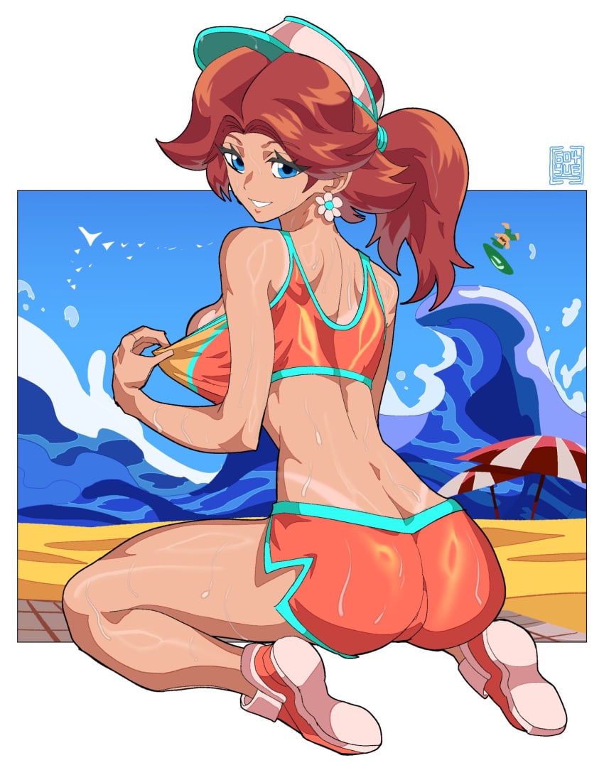 1girls 604yue beach blue_eyes blush breasts brown_hair cap female human kneeling light-skinned_female light_skin looking_back luigi mario_(series) navel nintendo nosebleed princess_daisy princess_daisy_(swimwear) swimsuit undressed undressing wink