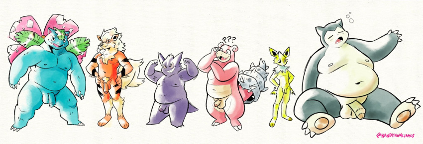 anthro arcanine balls eeveelution flaccid foreskin generation_1_pokemon gengar genitals group hands_on_hips hi_res humanoid_genitalia humanoid_penis jolteon kandykanejames male nintendo nude overweight penis pokemon pokemon_(species) slowbro snorlax venusaur