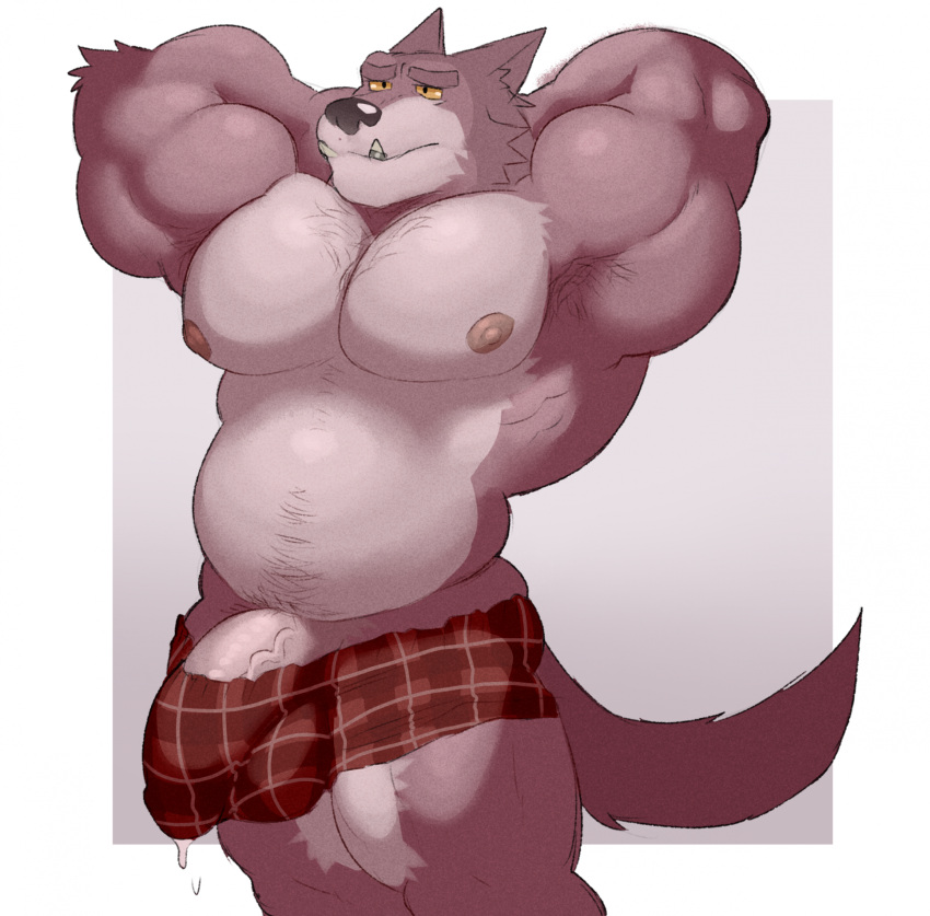 anthro balls biceps bulge canid canine canis clothing fangs flaccid fleshformomo fur genitals hi_res male male_focus male_only mammal muscular muscular_anthro muscular_male nipples pecs penis solo tail teeth underwear vein veiny_penis wolf