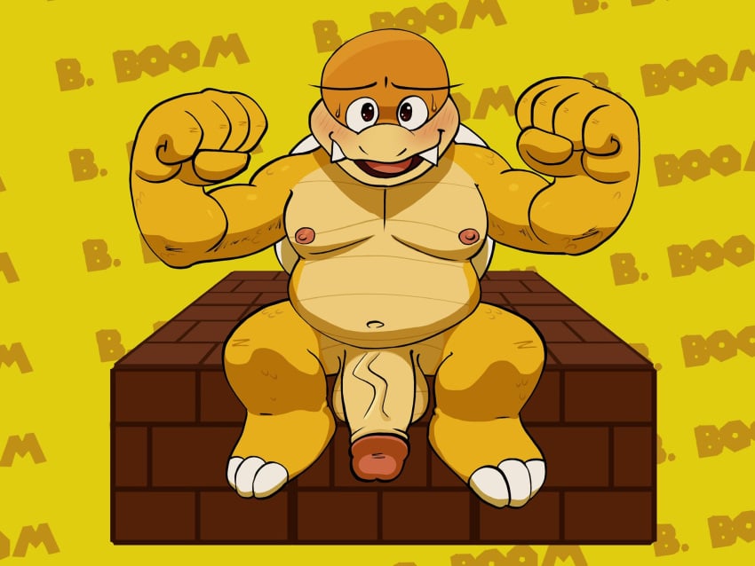 anthro balls barefoot biceps blush boom_boom_(mario) casual_nudity feet genitals hi_res humanoid_genitalia humanoid_hands humanoid_penis koopa male manly mario_(series) navel nintendo nipples nude pecs penis pooncartoonist reptile scalie simple_background smile solo solo_male super_mario_bros.