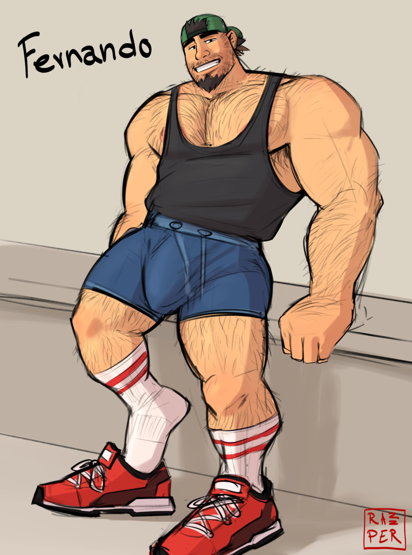 armpit_hair bara beard beard_stubble big_bulge big_feet body_hair bulge clothing flaccid hairy_chest hairy_male heel_pop human male male_nipples male_only muscular_male nipples razzper shoe_removed socks solo solo_male