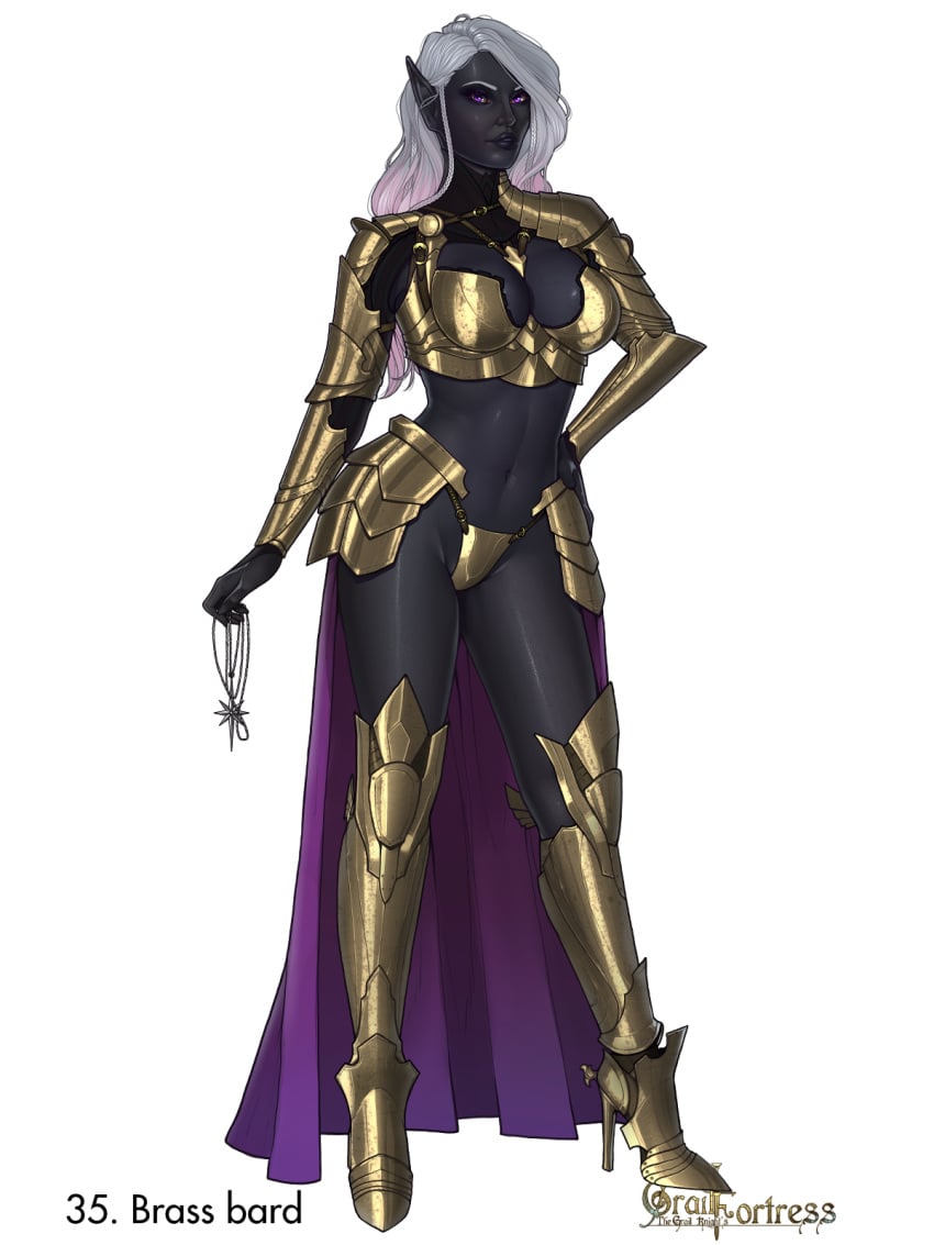 1girls 2022 armor armored_panties bikini_armor braid cleavage colored_skin dark_elf dungeons_and_dragons elf elf_ears elf_female female female_only full_body fully_clothed galaad1800 gray_hair grey_skin high_heel_boots high_heels ilpharra large_breasts long_hair looking_at_viewer midriff pink_hair pointy_ears purple_eyes revealing_clothes simple_background solo solo_female stiletto_heels thighhighs toned_female two_tone_hair unconvincing_armor very_high_heels white_background white_hair