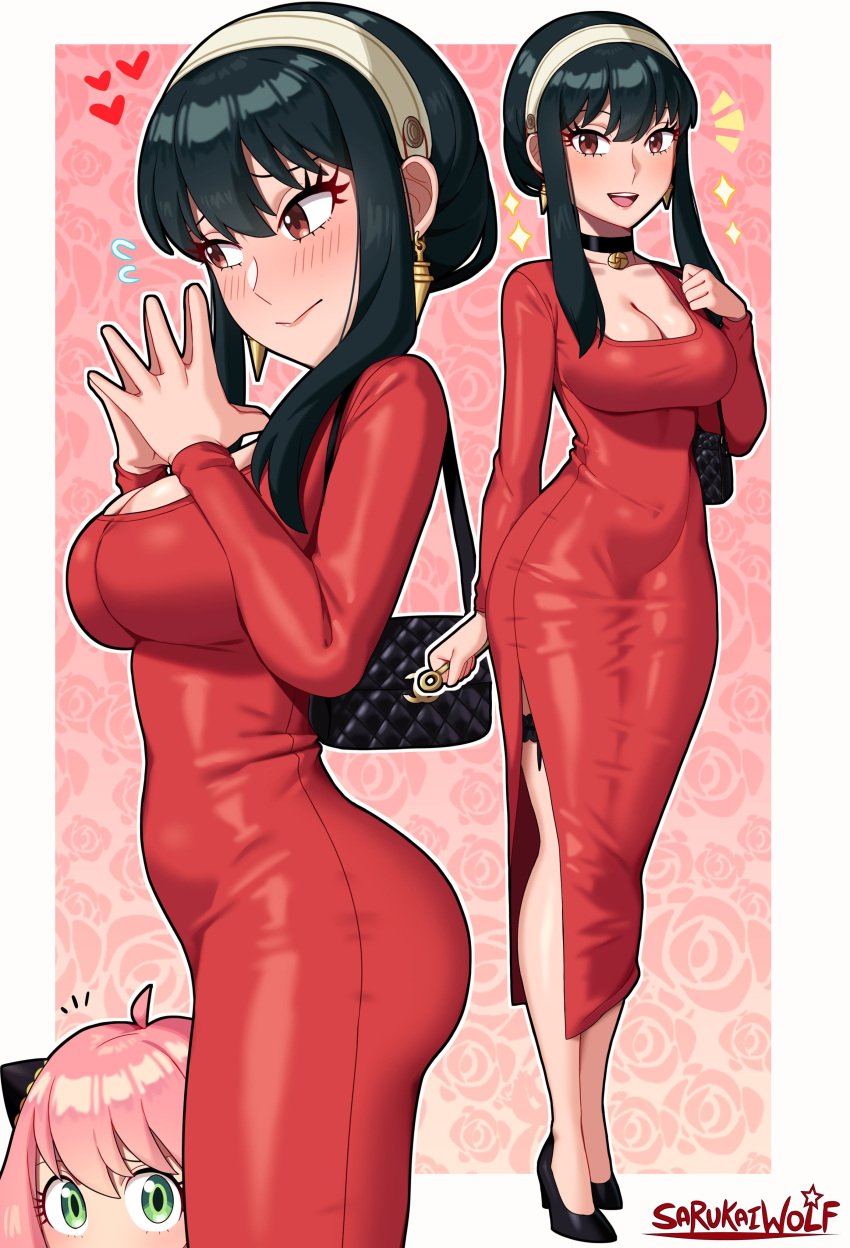 2girls anya_forger artist_name black_hair blush busty choker cleavage curvy dress earrings female female_only green_eyes hairband high_heels hips human legs light-skinned_female light_skin multiple_girls out_of_frame_female pink_hair purse red_dress red_eyes sarukaiwolf small_waist solo_focus spy_x_family tight_clothing tight_dress yor_briar yor_forger