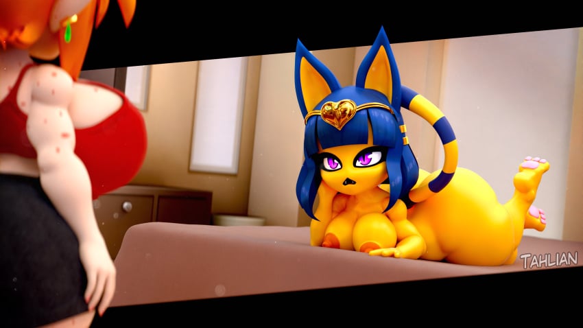 2girls 3d 3d_(artwork) animal_crossing ankha ankha_(animal_crossing) anthro areolae ass barefoot bed big_ass bottom_heavy breasts clothed_female_nude_female completely_nude completely_nude_female domestic_cat felicia_(tahlian) felid feline female female_only full_body looking_at_another naked naked_female nipples nude nude_female on_side small_breasts tahlian yellow_body yellow_fur