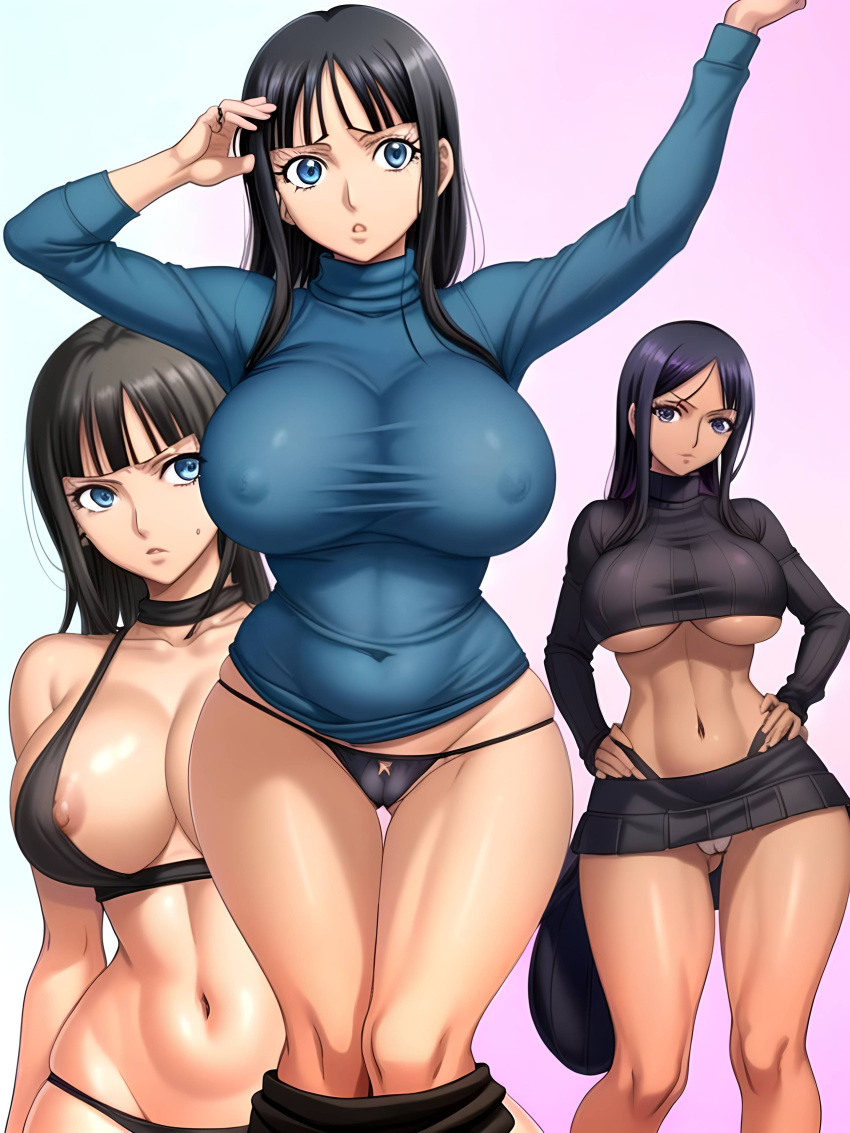 ai_generated bangs big_breasts bikini crop_sweater dark_hair female female_only large_hips long_hair multiple_girls nico_robin one_piece pre-timeskip sweater turtleneck turtleneck_sweater zarazin