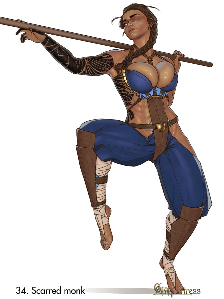 1girls 2022 abs bo_staff braided_hair braided_ponytail bursting_breasts female female_only full_body galaad1800 greaves large_breasts loose_clothes monk muscular muscular_female one_eye scar scar_across_eye scarred_monk_(galaad1800) simple_background skimpy skimpy_armor skindentation solo solo_female tanned_female tattoo tattoo_sleeve tattooed_arm tattoos unconvincing_armor weapon white_background