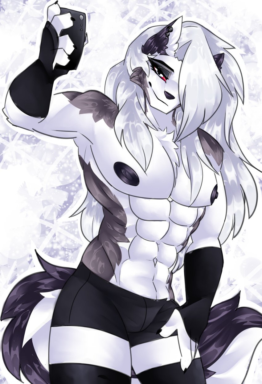 1boy abs ambush_loona big_muscles cassielink eyeliner feminine feminine_male furry gay genderswap genderswap_(ftm) grey_body grey_fur grey_hair half-dressed helluva_boss long_hair loona loona_(helluva_boss) male male_focus male_loona male_only muscles muscular muscular_male nipples pecs pectorals phone rule_63 selfie shirtless solo solo_male strong taking_selfie topless topless_male vivziepop white_body white_fur wolf wolf_boy yaoi