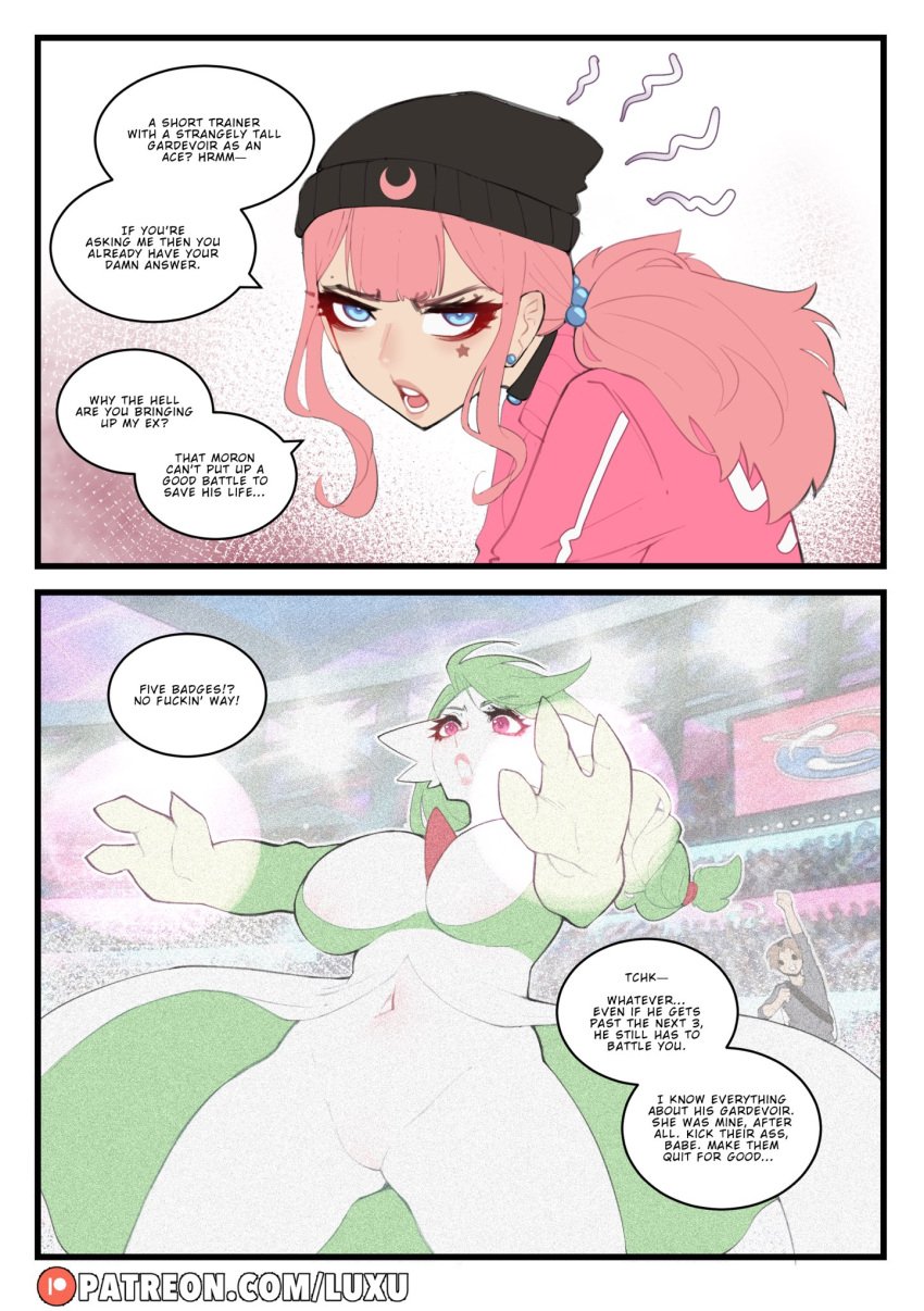 1boy 2girls anthro big_breasts blue_eyes comic daisy_(luxurias) dialogue english_text female gardevoir generation_3_pokemon green_hair hi_res long_hair looking_at_viewer luxurias male nintendo pink_eyes pink_hair pokémon_(species) pokemon pokemon_(species) pokemon_battle ponytail speech_bubble thick_thighs