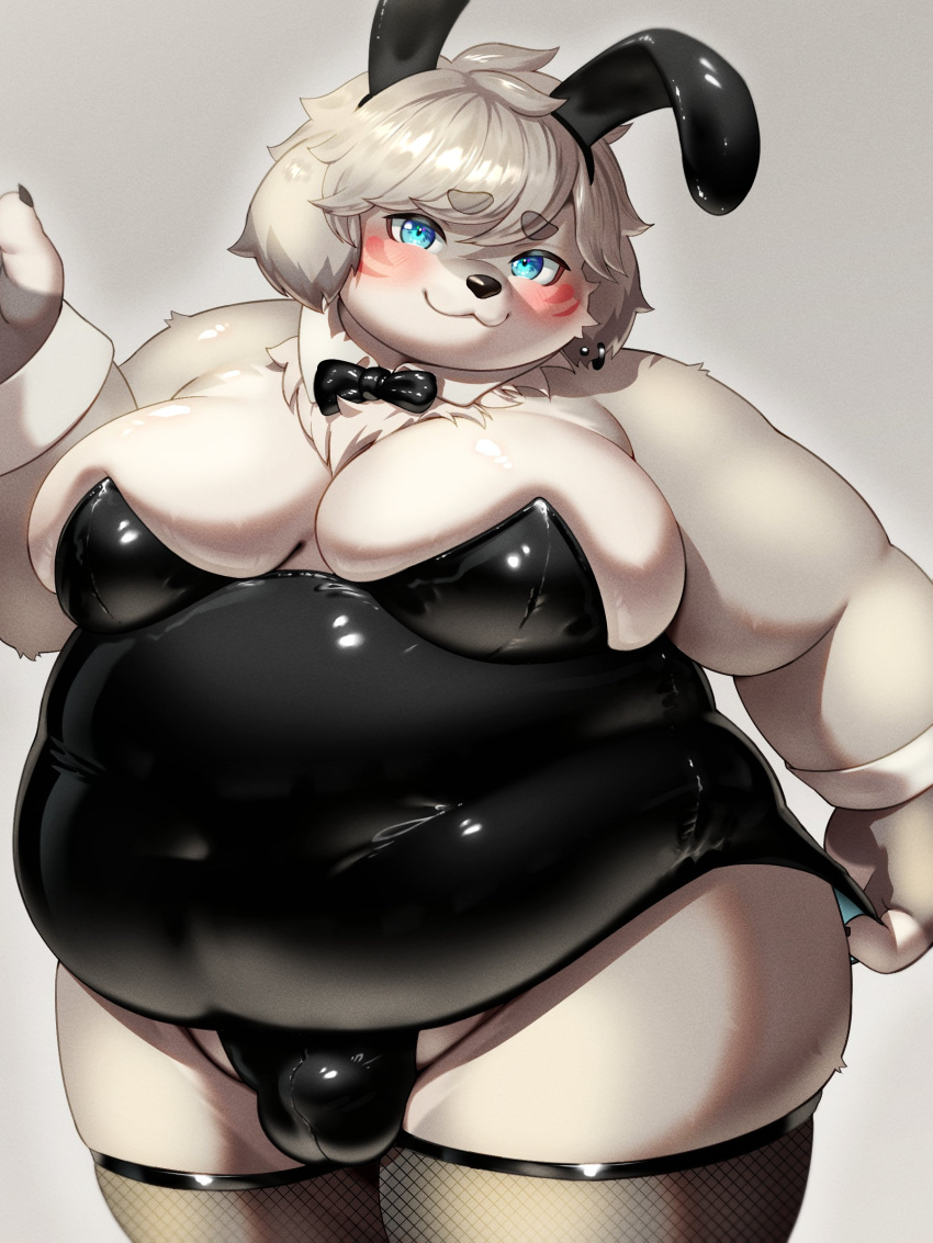 3:4 absurd_res anthro belly big_moobs blue_eyes blush bulge canid canine canis clothing detailed_bulge domestic_dog fake_ears fake_rabbit_ears fishnet_clothing fishnet_leggings fishnet_legwear floppy_ears fur grey_body grey_fur hi_res hozuki_creha leggings legwear male mammal moobs overweight playboy_bunny playboy_outfit smile solo virtual_youtuber vtuber z_g_m_f_x20a