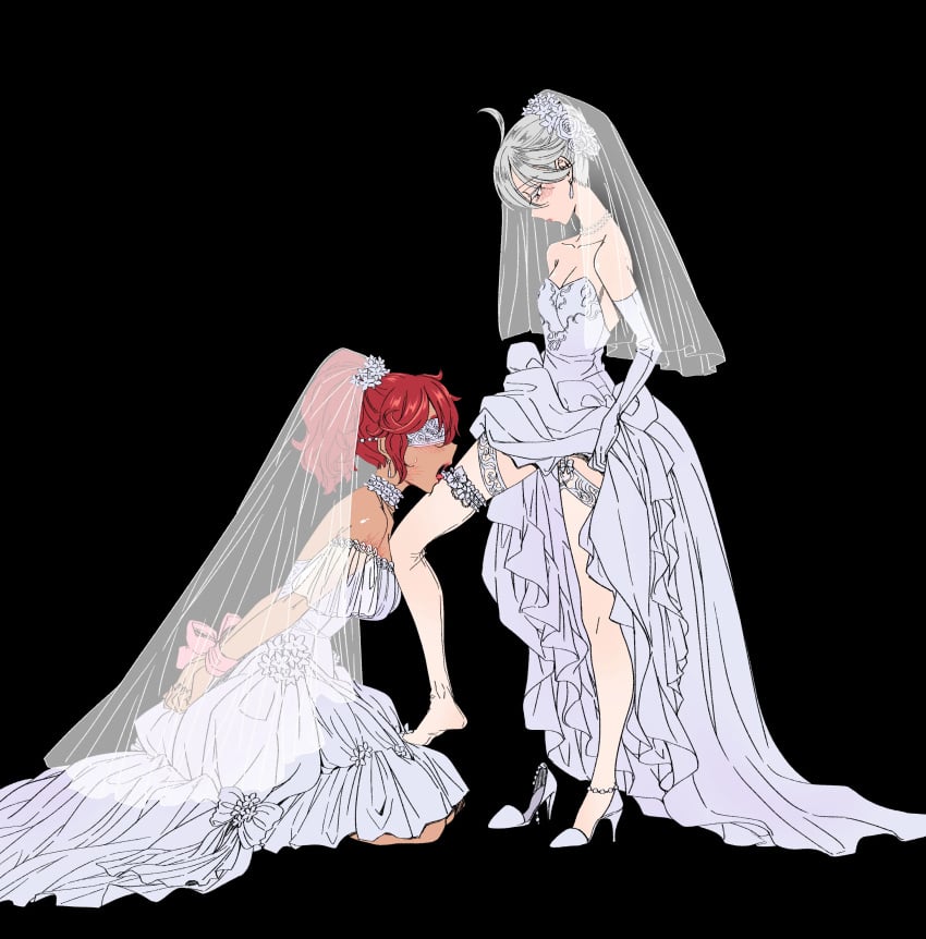 arms_tied_behind_back blindfold blindfolded blush body_worship bondage bound bride chocker female female_only femdom femsub fully_clothed gundam gundam_suisei_no_majo heels kneeling lesbian_couple licking_leg michiru831 miorine_rembran ponytail stepped_on stepping_on_female stockings submissive submissive_female suletta_mercury thighhighs tongue_out wedding wedding_dress wedding_veil wife_and_wife yuri