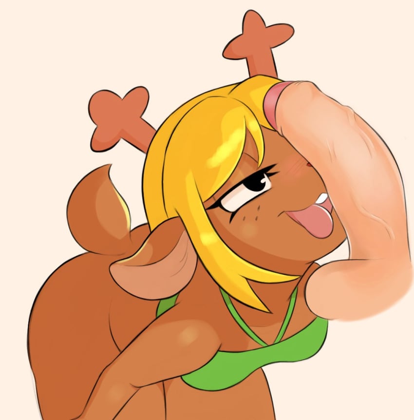 anthro antlers arteficialtrees ass bedroom_eyes blonde_hair bottomless clothed clothing deltarune duo female freckles genitals hair horn human imminent_sex male male/female mammal narrowed_eyes noelle_holiday penis penis_in_face penis_on_face scut_tail seductive short_tail tail tongue tongue_out topwear topwear_only undertale_(series)