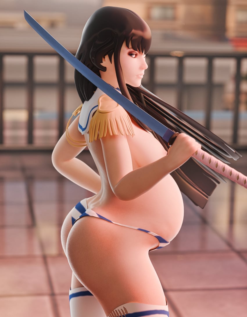 3d ass belly big_ass big_belly black_hair breasts clubzenny female kill_la_kill kiryuuin_satsuki nipples pregnant