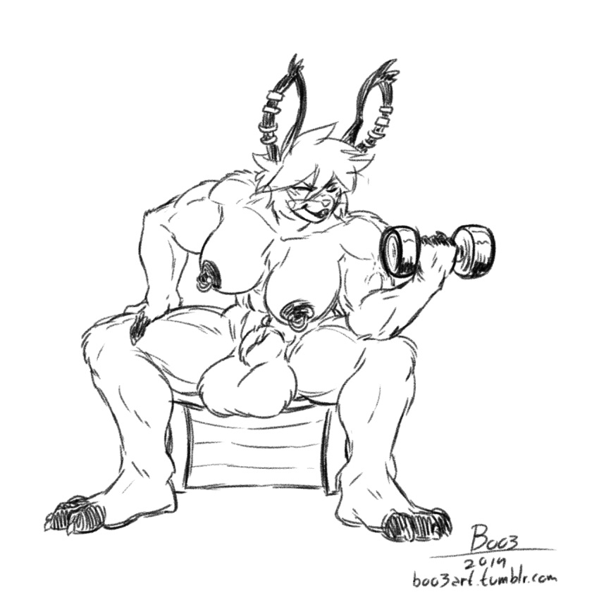 1futa anthro balls barbell big_balls black_and_white boo3 boo_(boo3) breasts dickgirl exercise fully_sheathed furry futanari intersex lagomorph mammal monochrome muscles nipples piercing plain_background rabbit sheath sketch solo solo_futa white_background