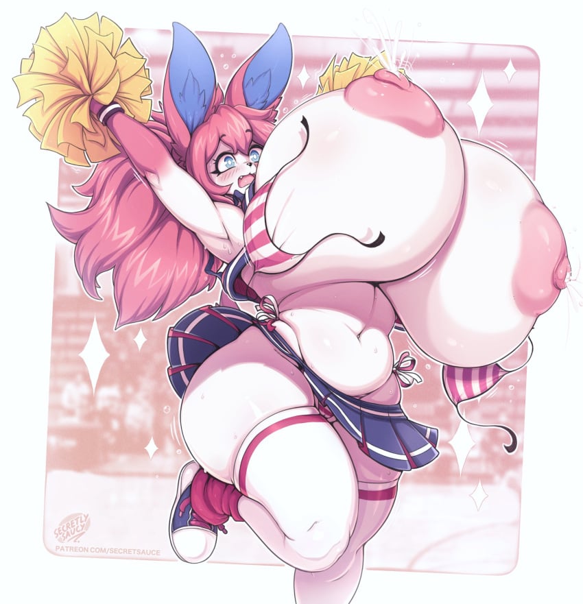 animal_ear_fluff anthro areolae ass bikini_snap blush breasts cheerleader eeveelution fangs female female_focus female_only furry generation_6_pokemon gigantic_breasts hi_res huge_breasts hyper_breasts lactating lactation nintendo nipples panties pink_hair pokémon_(species) pokemon pom_poms secretly_saucy selene_(itsawulf) shocked skindentation skirt skirt_up snapped_bikini sneakers stockings striped_bikini surprised sylveon thick thick_thighs wardrobe_malfunction