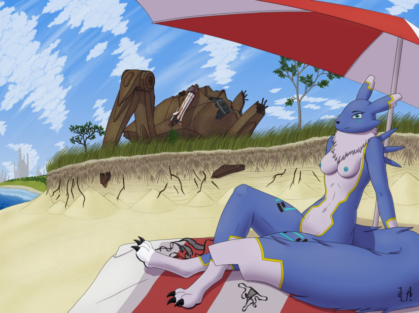 2021 bandai_namco beach breasts colored digimon digimon_(species) digital_drawing_(artwork) digital_media_(artwork) female justablank kinetta_(justablank) machine nipples post-apocalyptic renamon sea shaded signature solo umbrella water