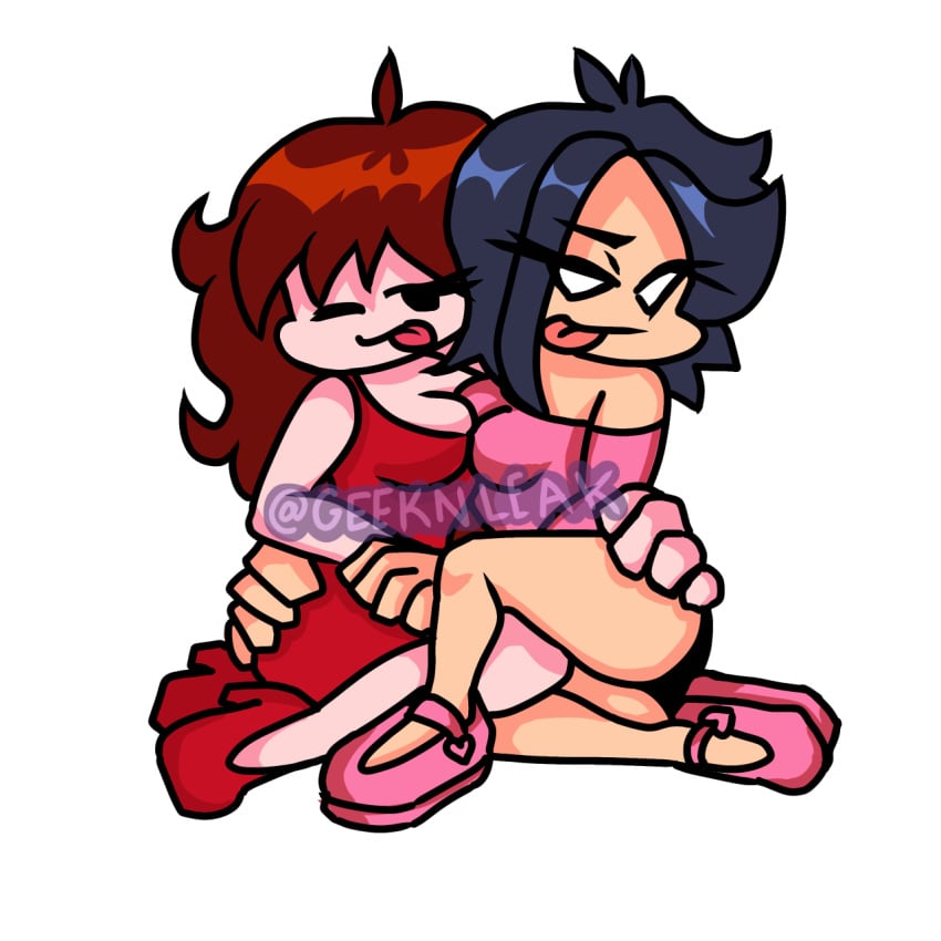 2girls asian asian_female auburn_hair black_eyes black_hair breasts female/female female_only fnf friday_night_funkin geeknleak girlfriend_(friday_night_funkin) heels light-skinned_female looking_at_viewer nene_(newgrounds) newgrounds pico's_school pink_shoes red_heels white_eyes yuri