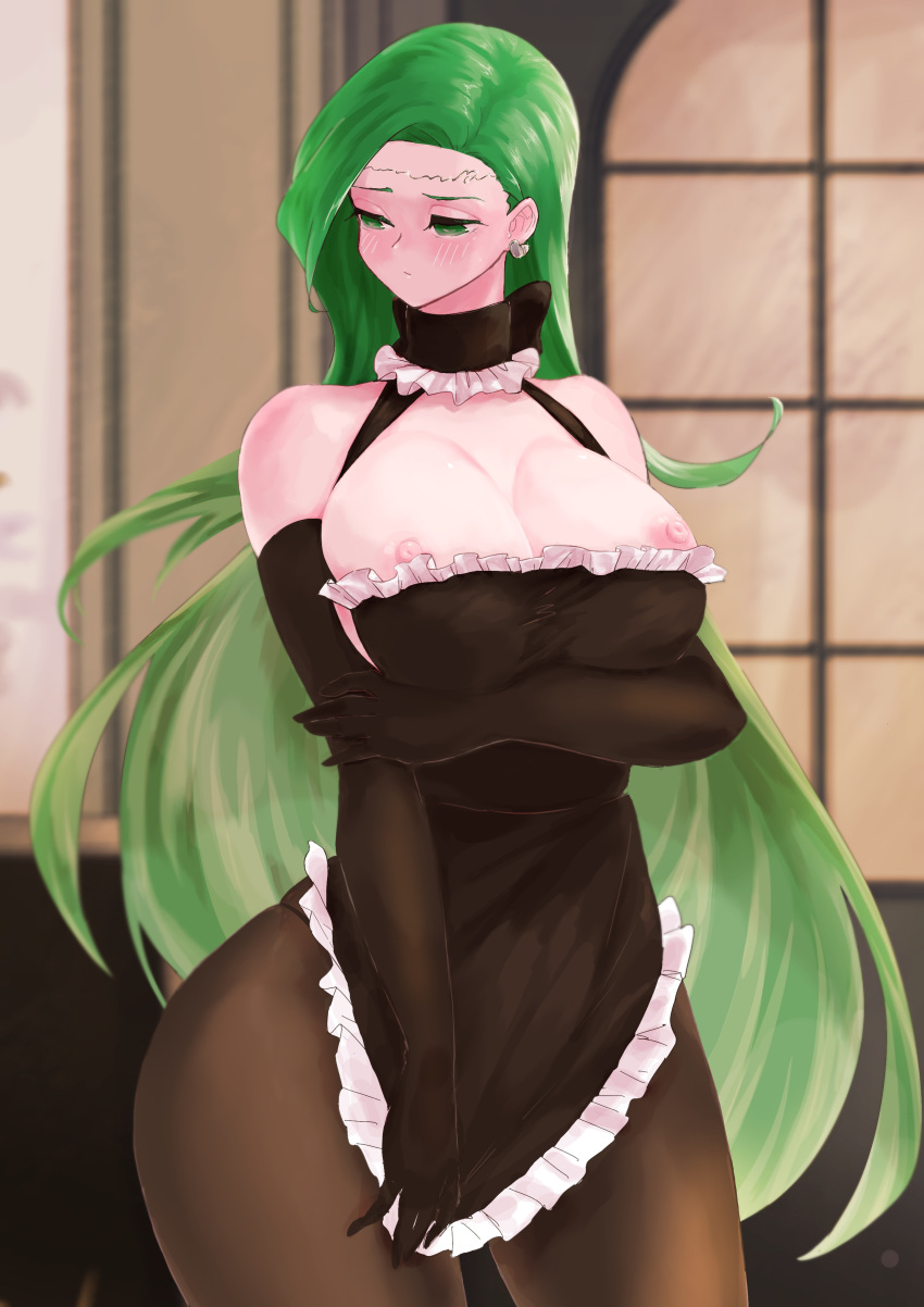 1girls alternate_costume annand_(fire_emblem) apron areola_slip areolae blush covering covering_crotch ear_piercing earrings embarrassed female female_only fire_emblem fire_emblem:_genealogy_of_the_holy_war green_eyes green_hair half-closed_eyes indoors long_hair looking_to_the_side maid nintendo nipple_slip nipples pantyhose piercing pulling solo ta_dasu_(tadasu_hayashi) very_long_hair window