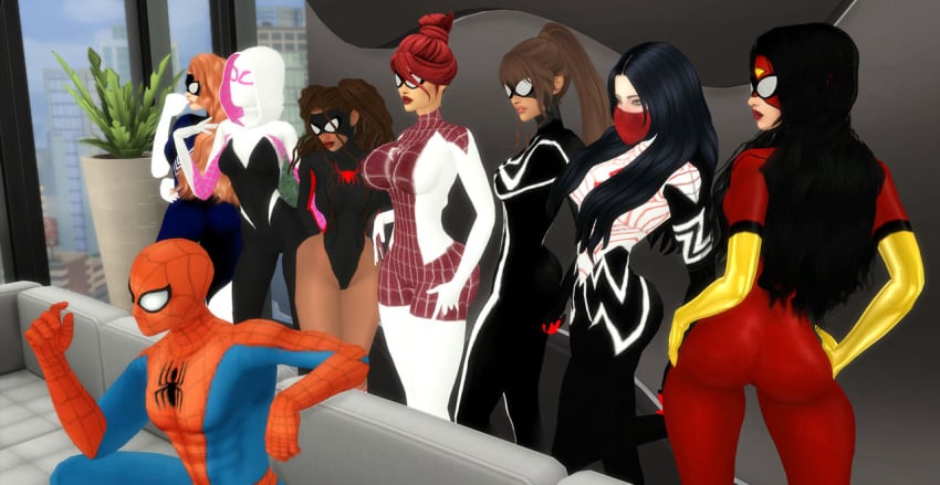 1boy 3d 6+girls anya_corazon ass big_ass big_breasts bottom_heavy breasts brown-skinned_female brown_body brown_skin bust busty chest cindy_moon curvaceous curvy curvy_figure dark-skinned_female dark_skin female female_focus ghost-spider gwen_stacy harem heroine hips hourglass_figure huge_ass huge_breasts human jessica_drew julia_carpenter large_ass large_breasts legs light-skinned_female light-skinned_male light_skin male male/female marvel marvel_comics mary_jane_watson mature mature_female multiple_girls myla_morales peter_parker pof3445 silk silk_(marvel) slim_waist spider-gwen spider-man spider-man_(series) spider-woman spinneret_(mary_jane_watson) straight superhero superhero_costume superheroine thick thick_hips thick_legs thick_thighs thighs top_heavy voluptuous waist wide_hips