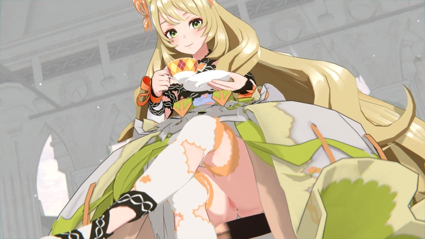 1girls bare_thighs blonde_hair celine_(fire_emblem) crossed_legs dress drink drinking female female_only fire_emblem fire_emblem_engage from_below green_eyes horizontalslope long_hair looking_at_viewer looking_down nintendo no_panties princess pussy royalty sitting solo tea thighhighs thighs upskirt very_long_hair yellow_hair