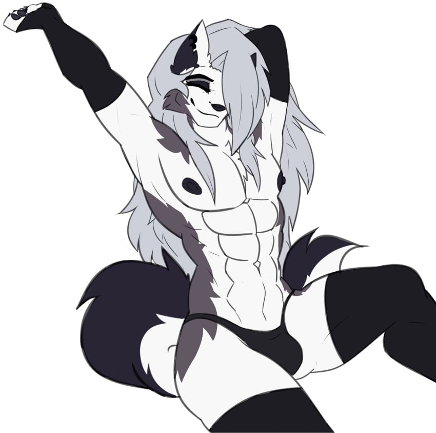 1boy abs ambush_(trap) ambush_loona big_muscles bulge cassielink closed_eyes closed_mouth eyeliner femboy femboy_loona feminine feminine_male furry gay genderswap_(ftm) grey_body grey_fur grey_hair hair_covering_eye happy helluva_boss long_hair loona loona_(helluva_boss) male male_focus male_loona male_only muscles muscular muscular_male pecs pectorals penis_bulge rule_63 shirtless simple_background smile smiling solo solo_male stretching strong thong topless topless_male trap vivziepop white_background white_body white_fur wolf wolf_boy yaoi