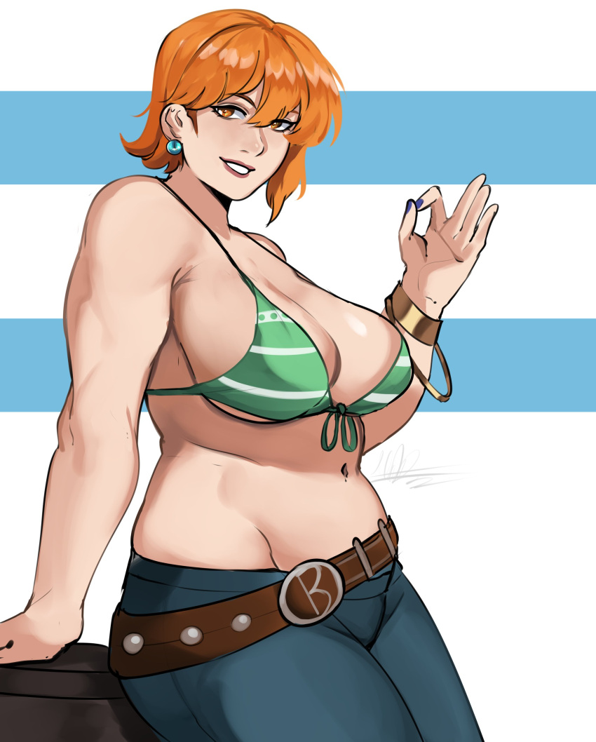 1girls artist_signature belt big_breasts bikini bikini_top bracelet busty chubby chubby_female cleavage earrings female female_only jeans light-skinned_female light_skin nami nami_(post-timeskip)_(cosplay) one_piece orange_eyes orange_hair post-timeskip pre-timeskip puzzled_artist short_hair sideboob striped_bikini thick time_paradox