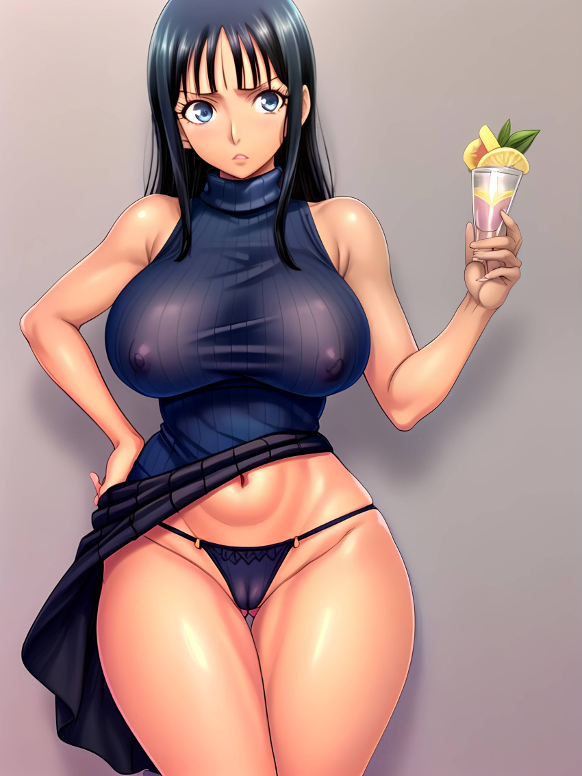 ai_generated bangs big_breasts blue_eyes cocktail dark_hair female female_only large_hips long_hair nico_robin nipples_visible_through_clothing one_piece pre-timeskip sleeveless_sweater sweater sweater_dress turtleneck turtleneck_sweater visible_underwear zarazin